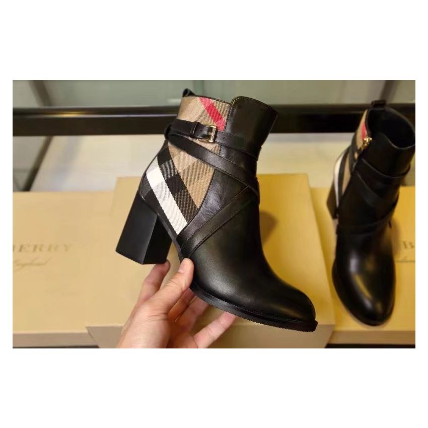 Check and leather Heel Boot , Size 35-41
