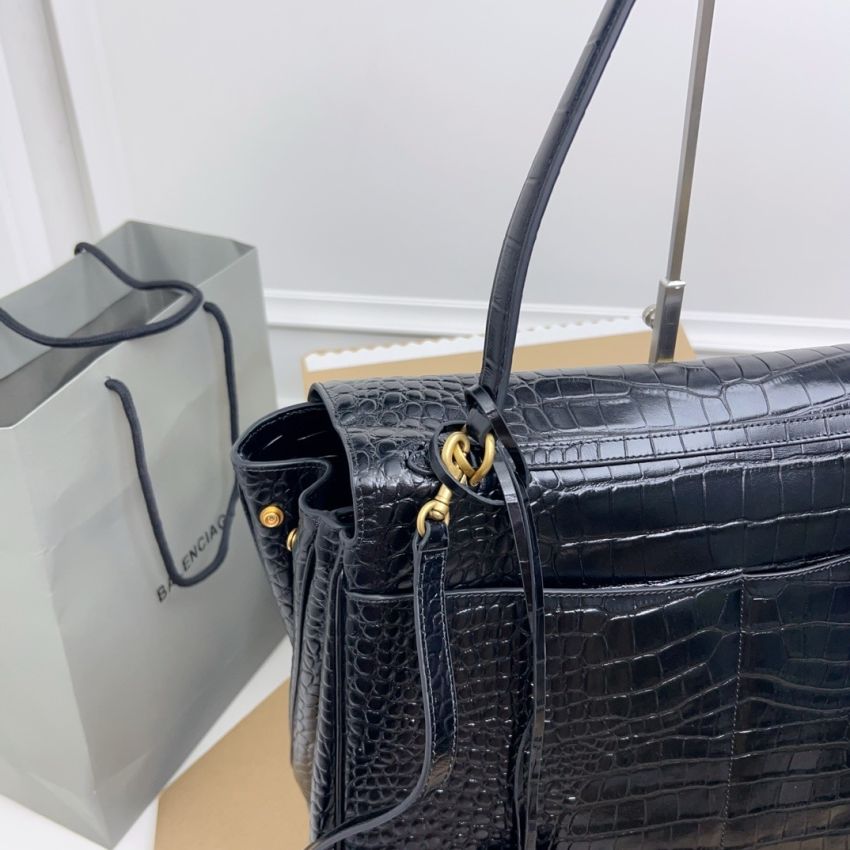 Ba1en*iaga Rodeo Large Handbag Crocodile Embossed - Black