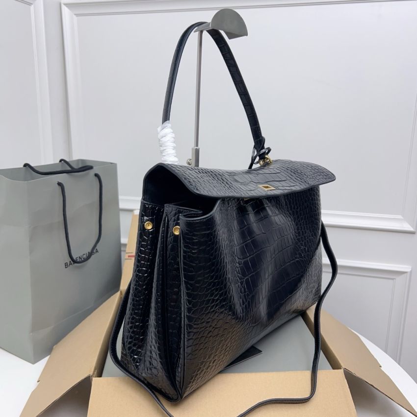 Ba1en*iaga Rodeo Large Handbag Crocodile Embossed - Black