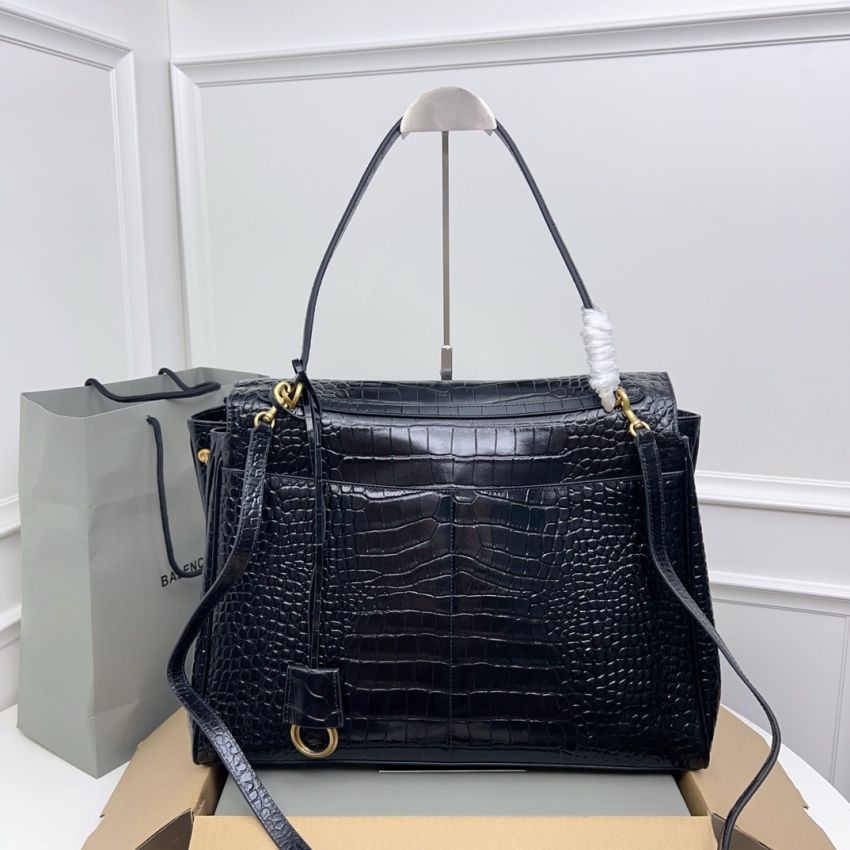Ba1en*iaga Rodeo Large Handbag Crocodile Embossed - Black